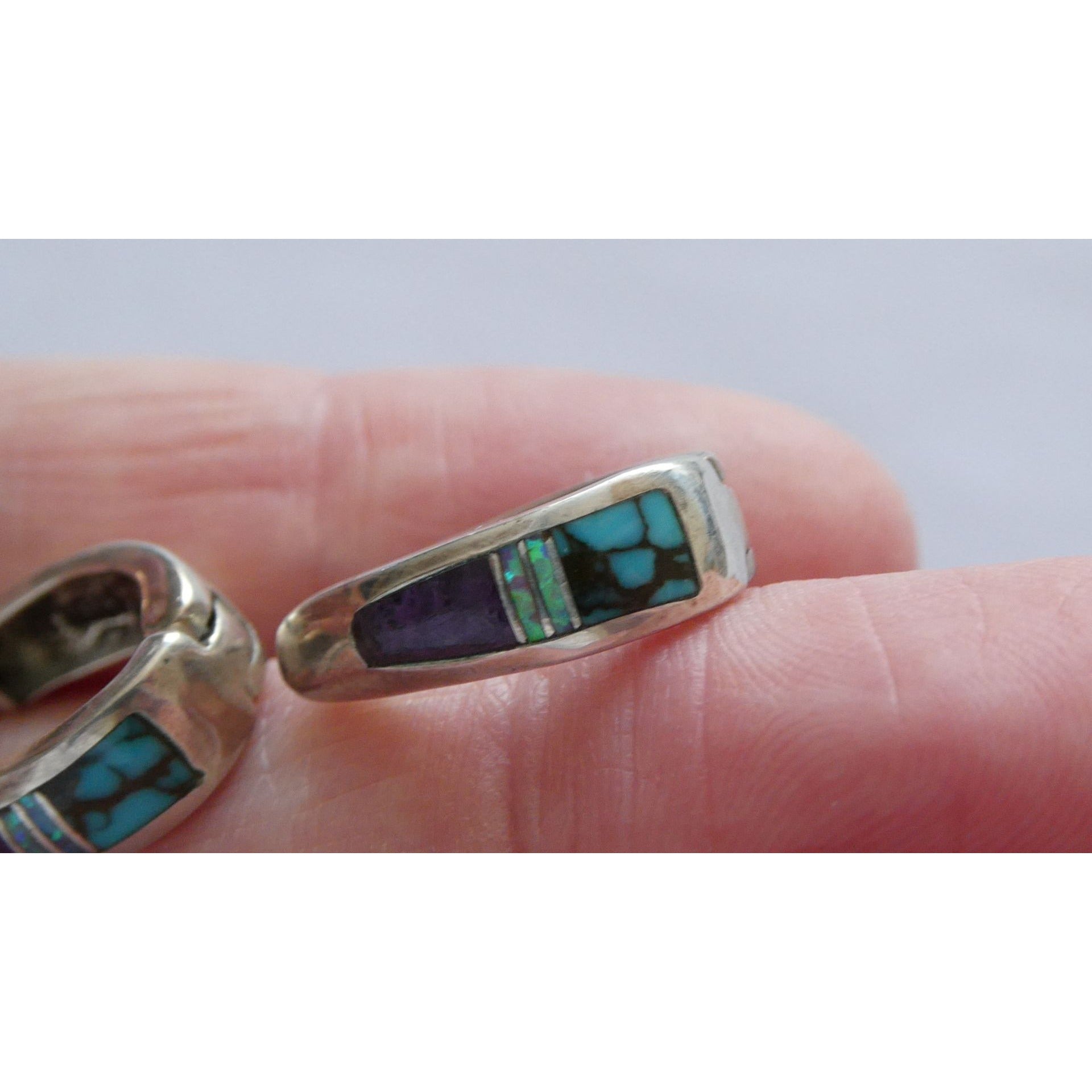C Willie D Rosales Sterling Silver Opal Spiderweb Turquoise Onyx Earrings .75 In