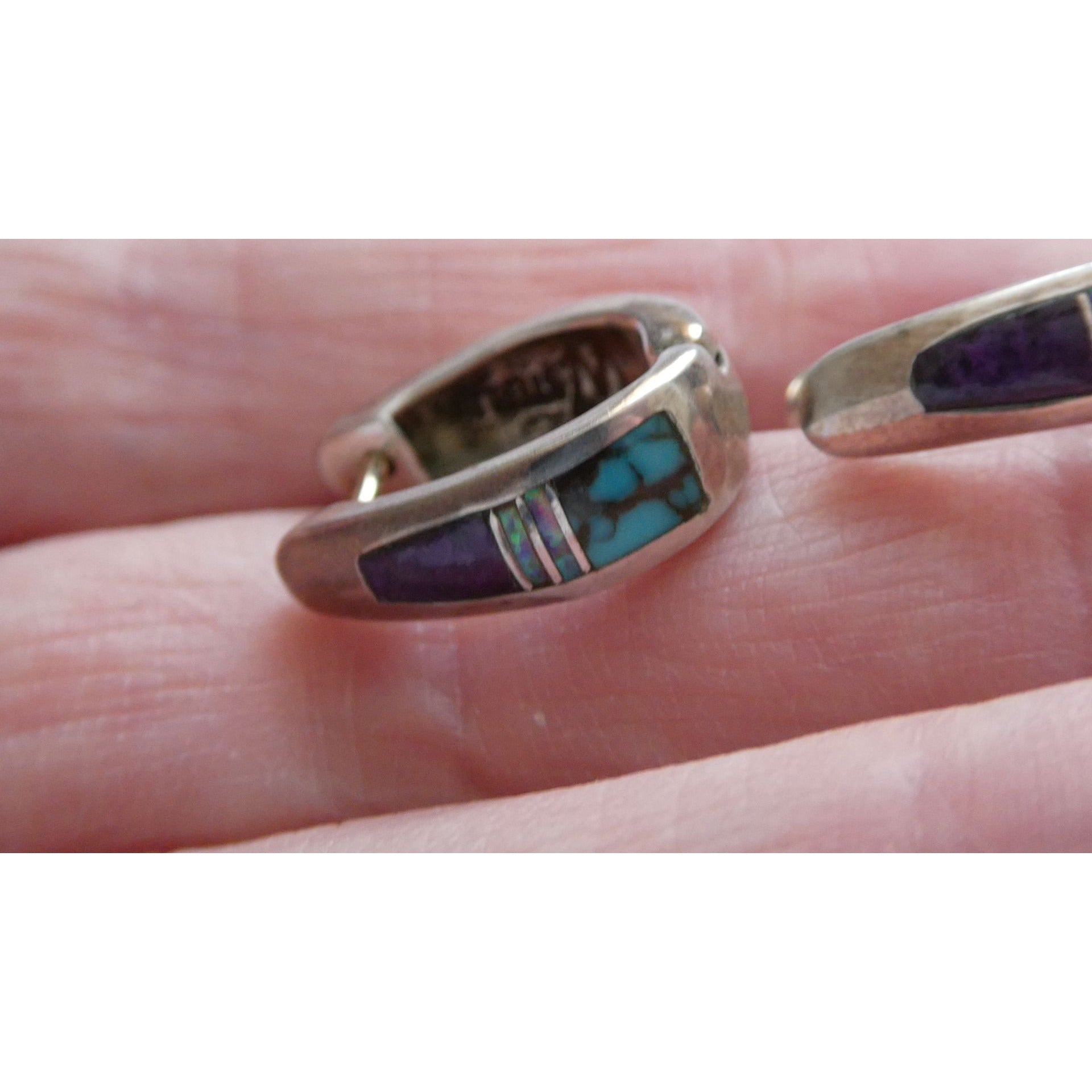 C Willie D Rosales Sterling Silver Opal Spiderweb Turquoise Onyx Earrings .75 In
