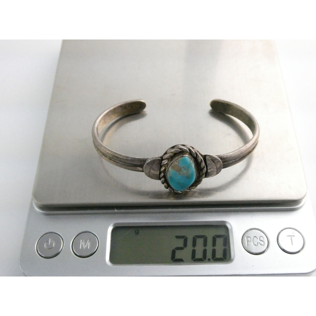 Southwestern Unmarked Sterling Silver Turquoise Braid Edge Cuff Bracelet 6.25 In