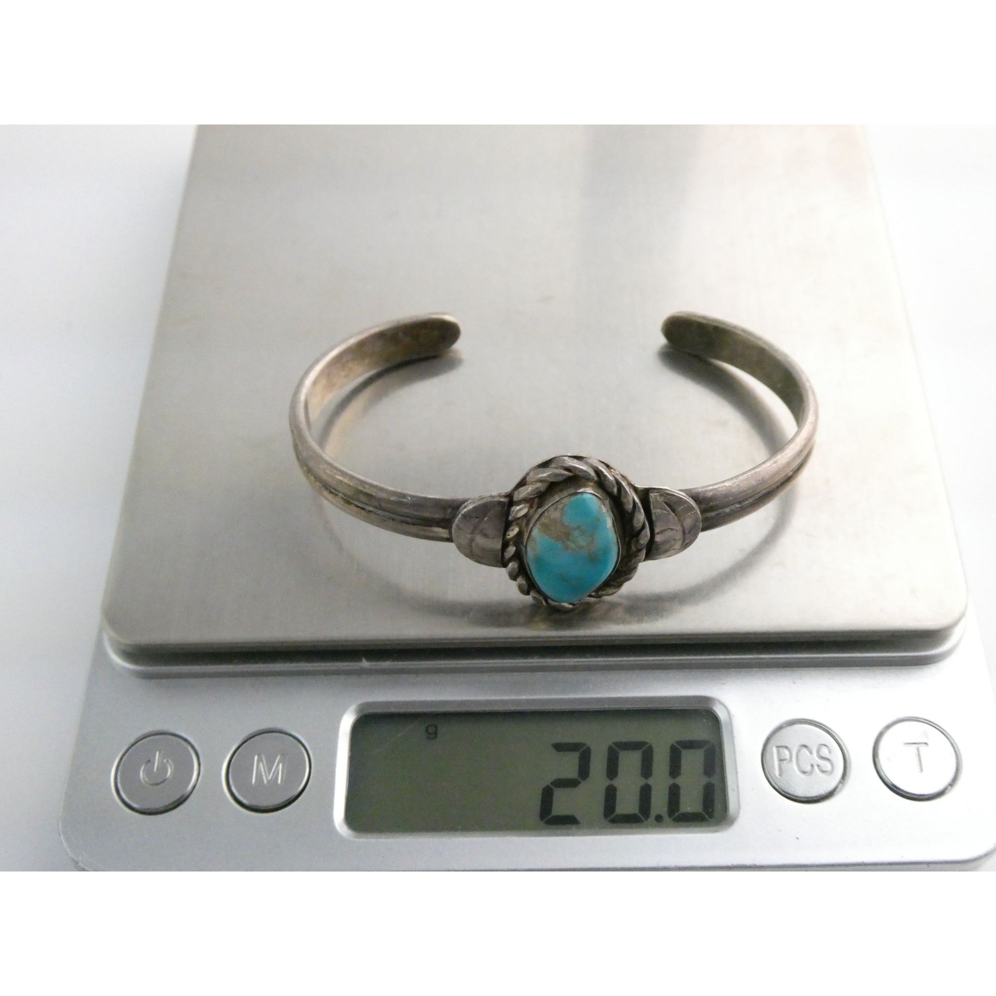 Southwestern Unmarked Sterling Silver Turquoise Braid Edge Cuff Bracelet 6.25 In