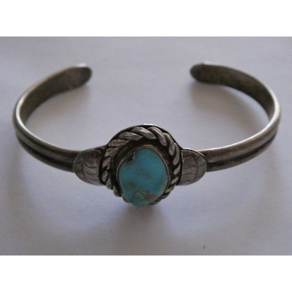 Southwestern Unmarked Sterling Silver Turquoise Braid Edge Cuff Bracelet 6.25 In