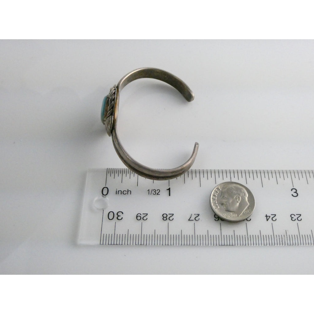 Southwestern Unmarked Sterling Silver Turquoise Braid Edge Cuff Bracelet 6.25 In
