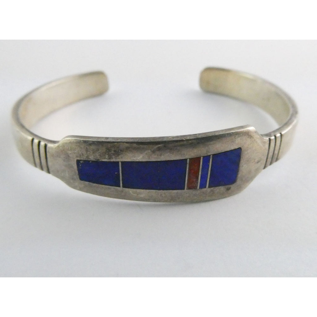 NA Aaron Toadlena Navajo Sterling Silver Coral Lapis Lazuli Inlay Cuff Bracelet