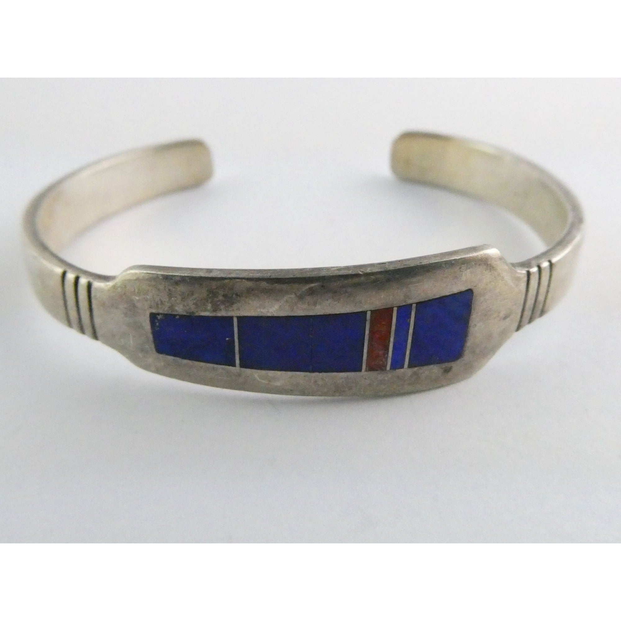 NA Aaron Toadlena Navajo Sterling Silver Coral Lapis Lazuli Inlay Cuff Bracelet