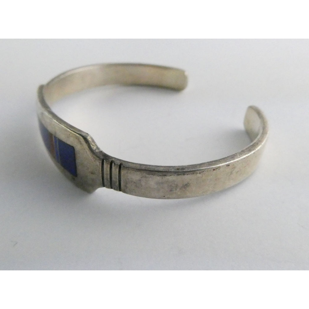 NA Aaron Toadlena Navajo Sterling Silver Coral Lapis Lazuli Inlay Cuff Bracelet