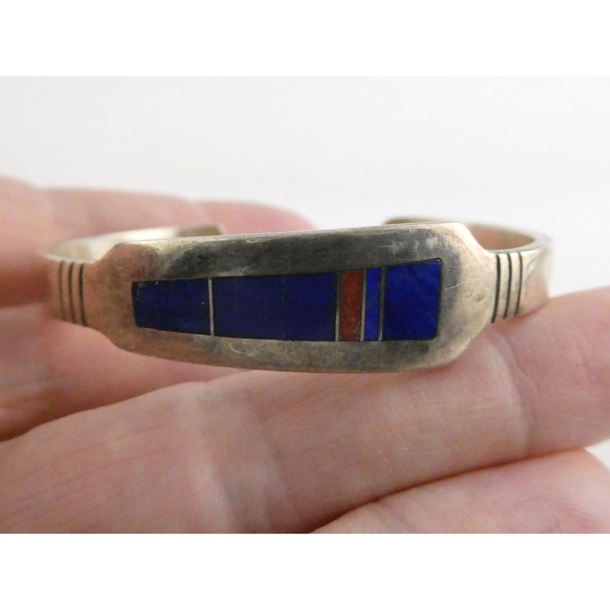 NA Aaron Toadlena Navajo Sterling Silver Coral Lapis Lazuli Inlay Cuff Bracelet