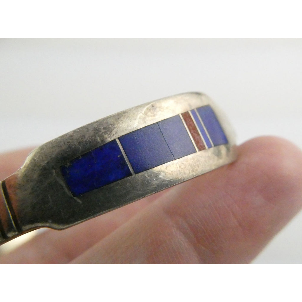 NA Aaron Toadlena Navajo Sterling Silver Coral Lapis Lazuli Inlay Cuff Bracelet