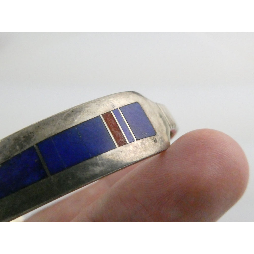 NA Aaron Toadlena Navajo Sterling Silver Coral Lapis Lazuli Inlay Cuff Bracelet