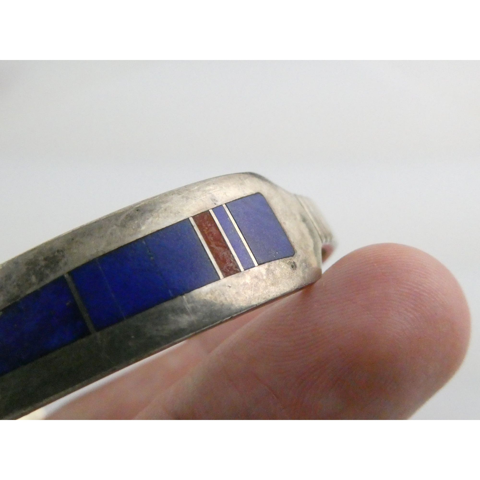 NA Aaron Toadlena Navajo Sterling Silver Coral Lapis Lazuli Inlay Cuff Bracelet