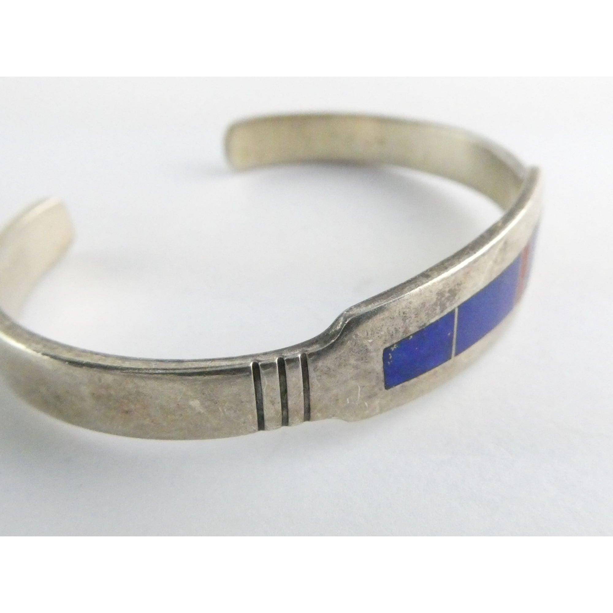NA Aaron Toadlena Navajo Sterling Silver Coral Lapis Lazuli Inlay Cuff Bracelet