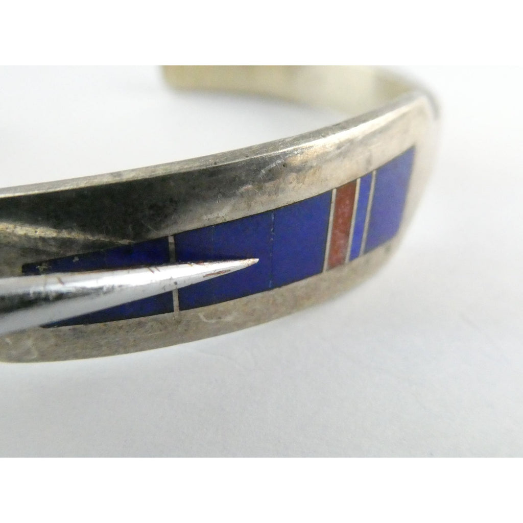 NA Aaron Toadlena Navajo Sterling Silver Coral Lapis Lazuli Inlay Cuff Bracelet