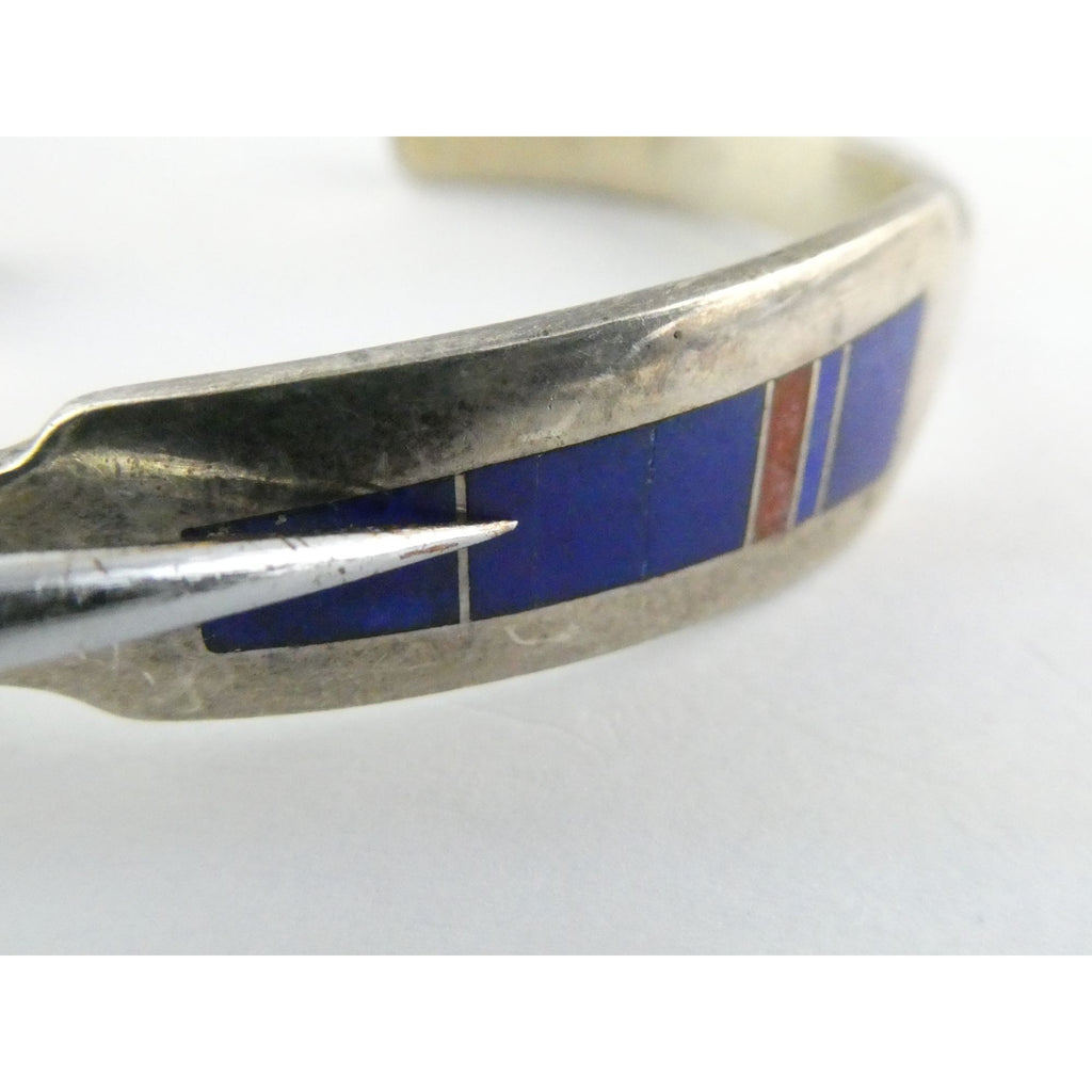 NA Aaron Toadlena Navajo Sterling Silver Coral Lapis Lazuli Inlay Cuff Bracelet