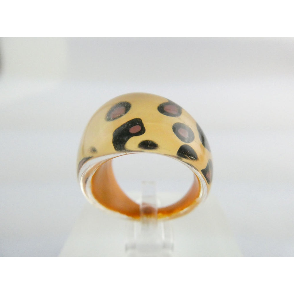 Vintage Clear Plastic Domed Reverse Painted Leopard Print Pattern Ring Size 6