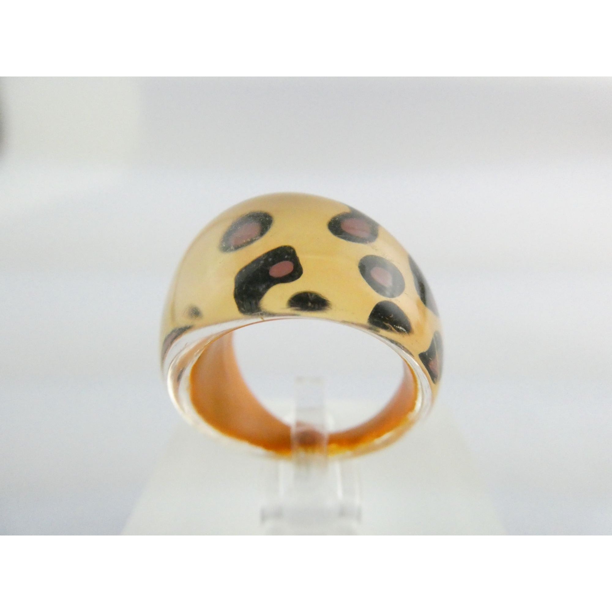 Vintage Clear Plastic Domed Reverse Painted Leopard Print Pattern Ring Size 6