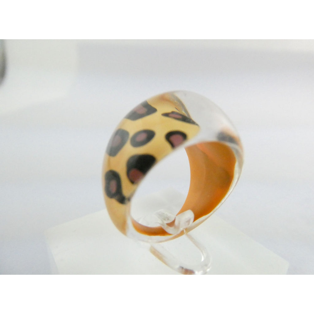 Vintage Clear Plastic Domed Reverse Painted Leopard Print Pattern Ring Size 6