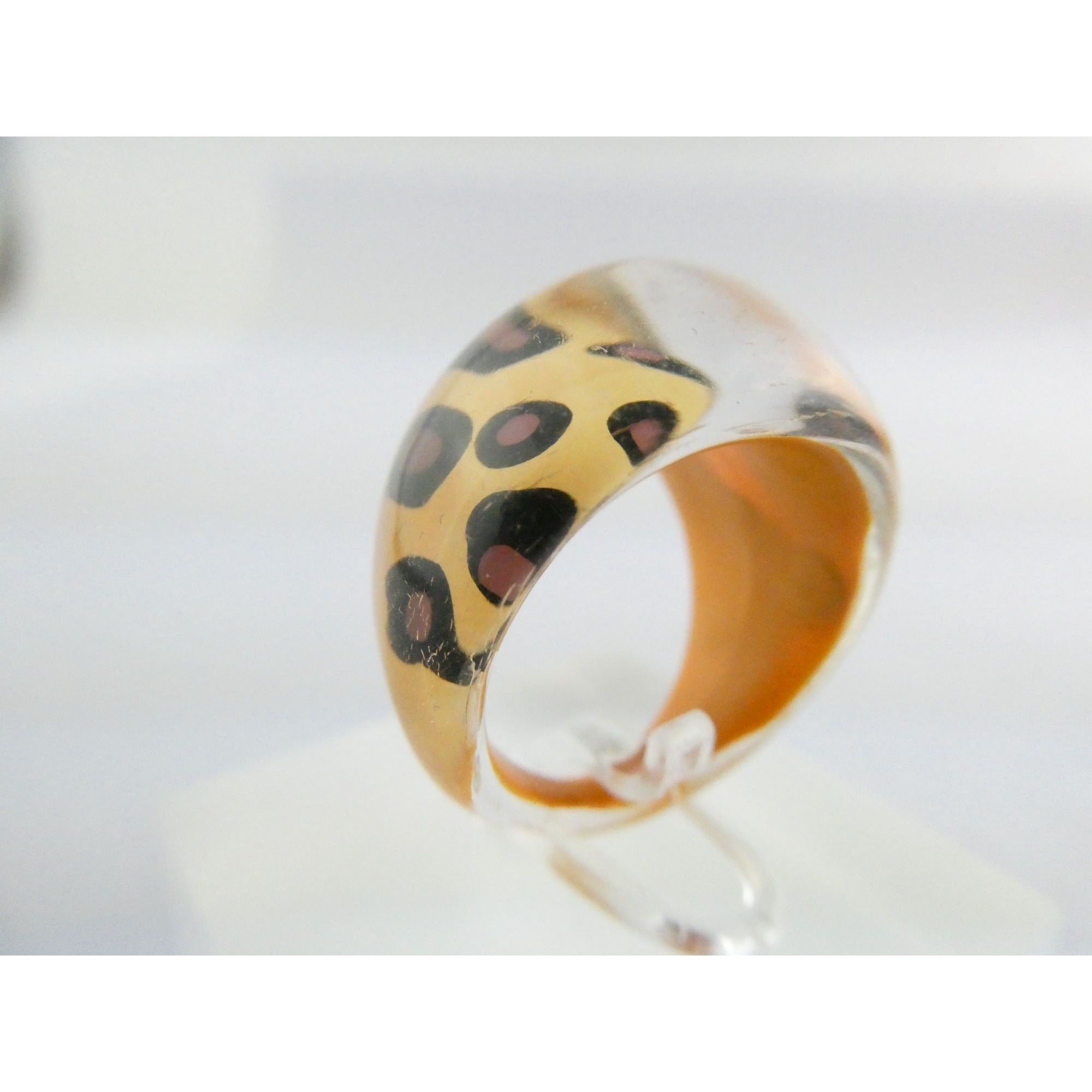 Vintage Clear Plastic Domed Reverse Painted Leopard Print Pattern Ring Size 6