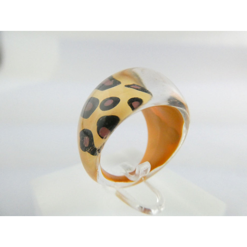 Vintage Clear Plastic Domed Reverse Painted Leopard Print Pattern Ring Size 6