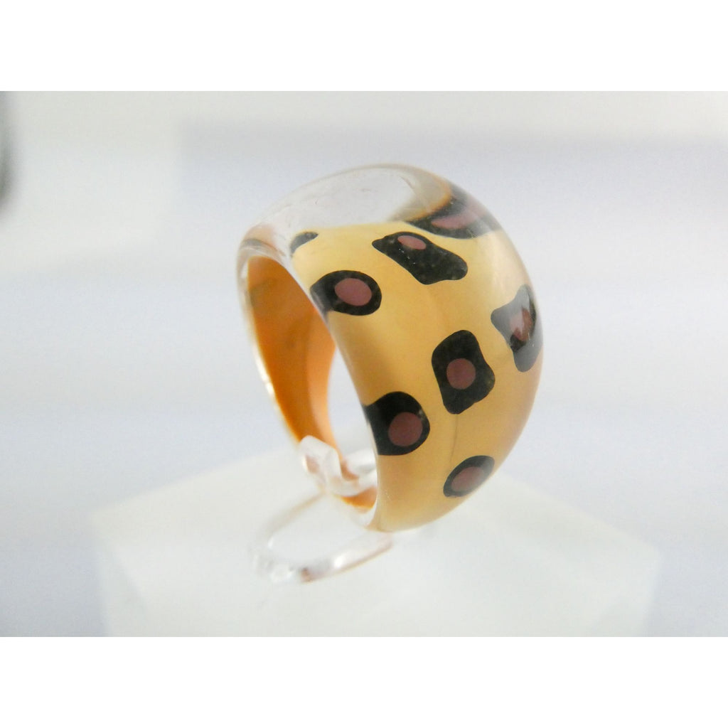 Vintage Clear Plastic Domed Reverse Painted Leopard Print Pattern Ring Size 6
