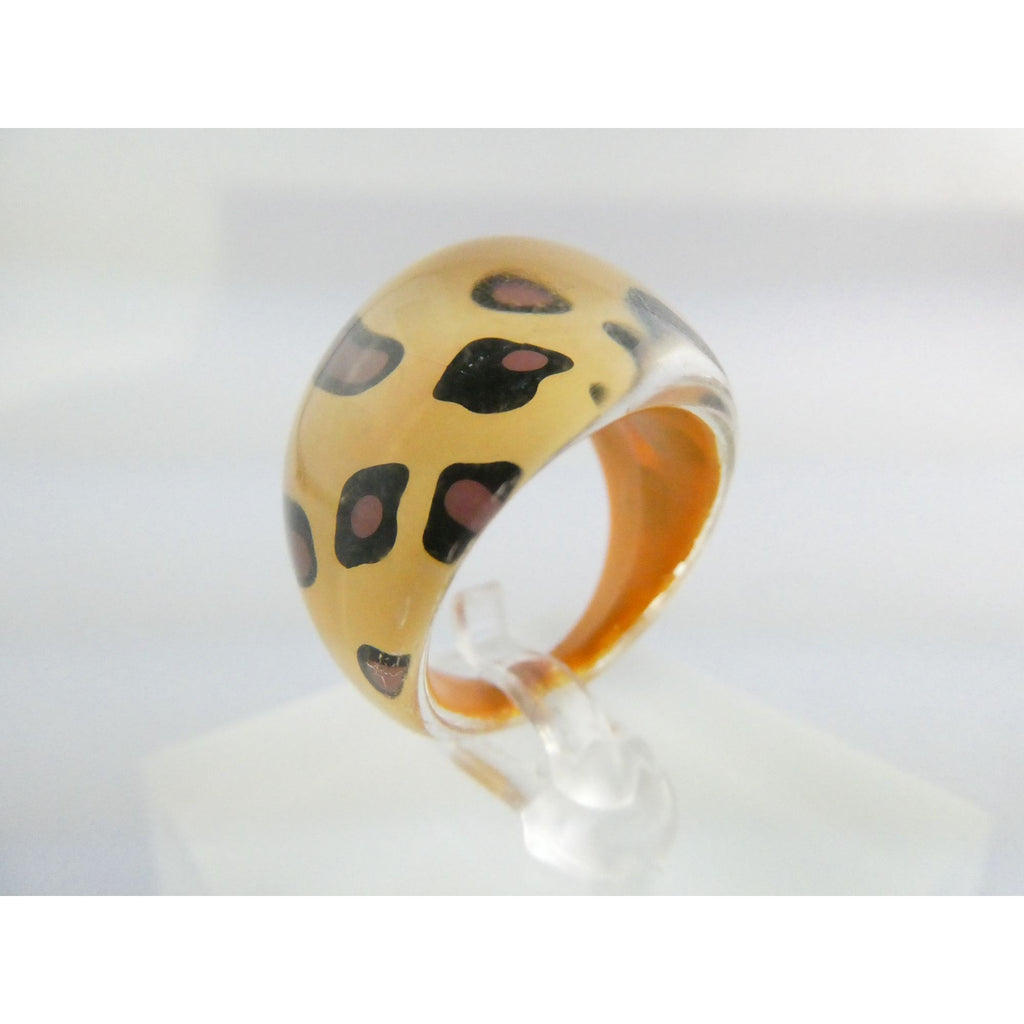 Vintage Clear Plastic Domed Reverse Painted Leopard Print Pattern Ring Size 6