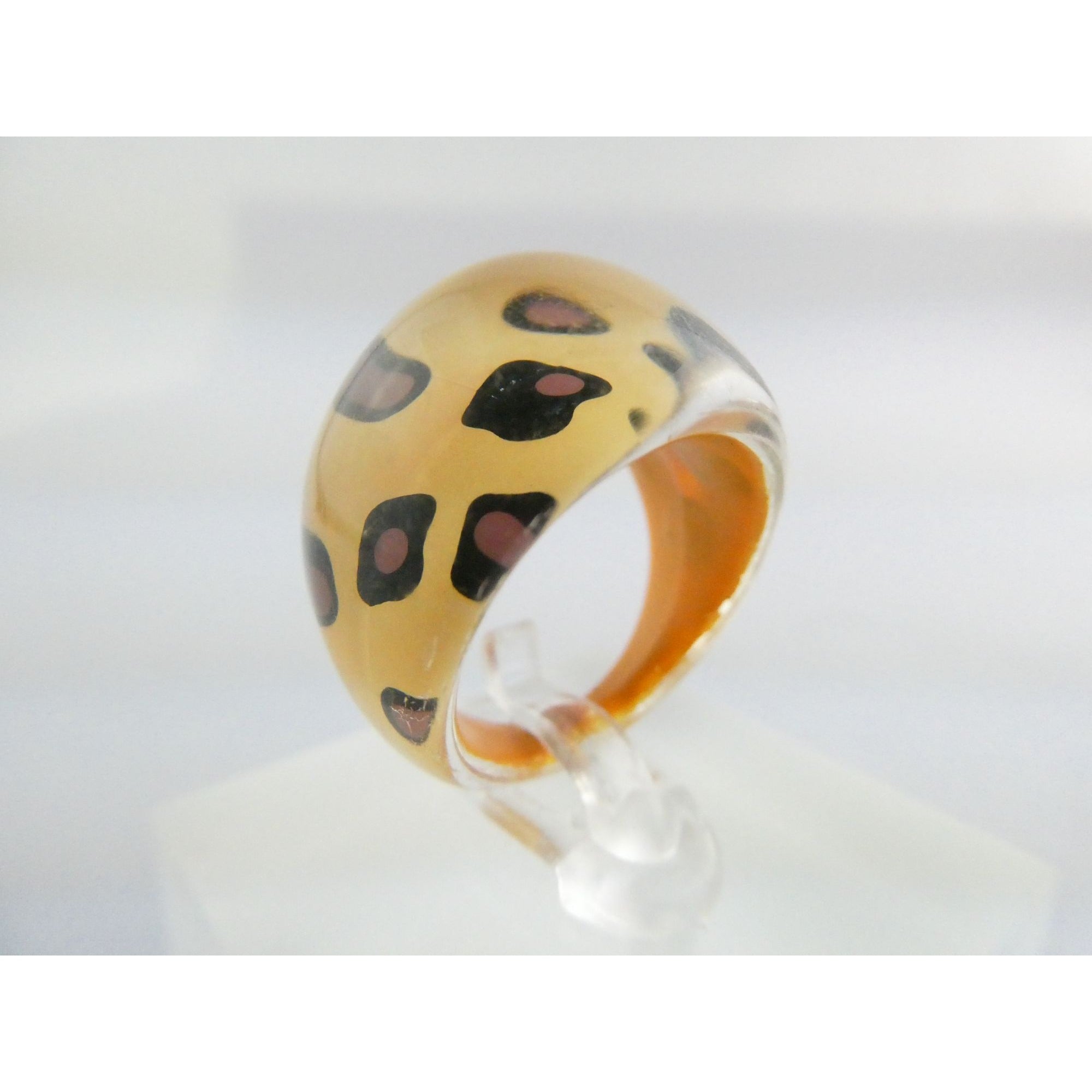 Vintage Clear Plastic Domed Reverse Painted Leopard Print Pattern Ring Size 6