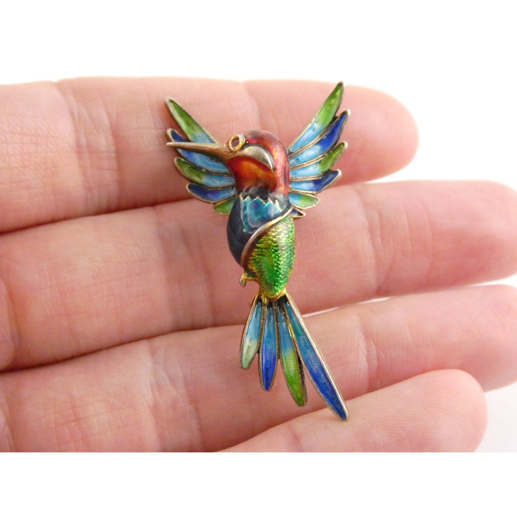 Italian Alioto Adriana Gilt 800 Silver Enameled Hummingbird Pin Brooch 5g 45mm