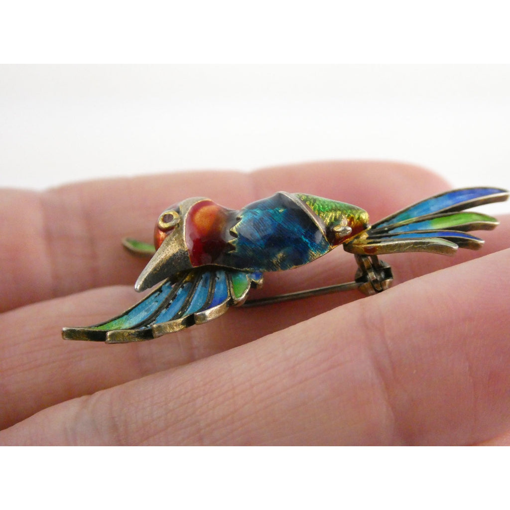 Italian Alioto Adriana Gilt 800 Silver Enameled Hummingbird Pin Brooch 5g 45mm