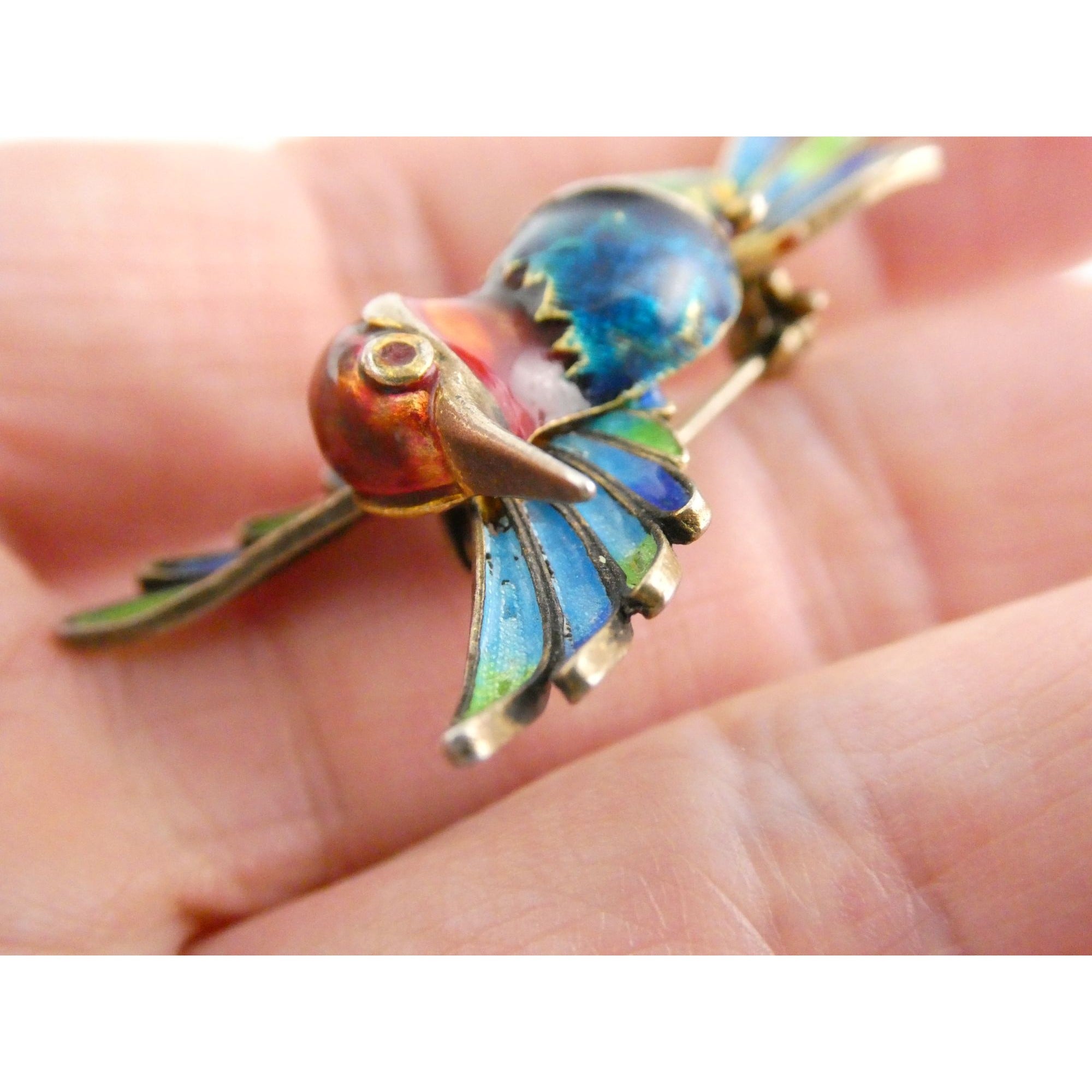 Italian Alioto Adriana Gilt 800 Silver Enameled Hummingbird Pin Brooch 5g 45mm