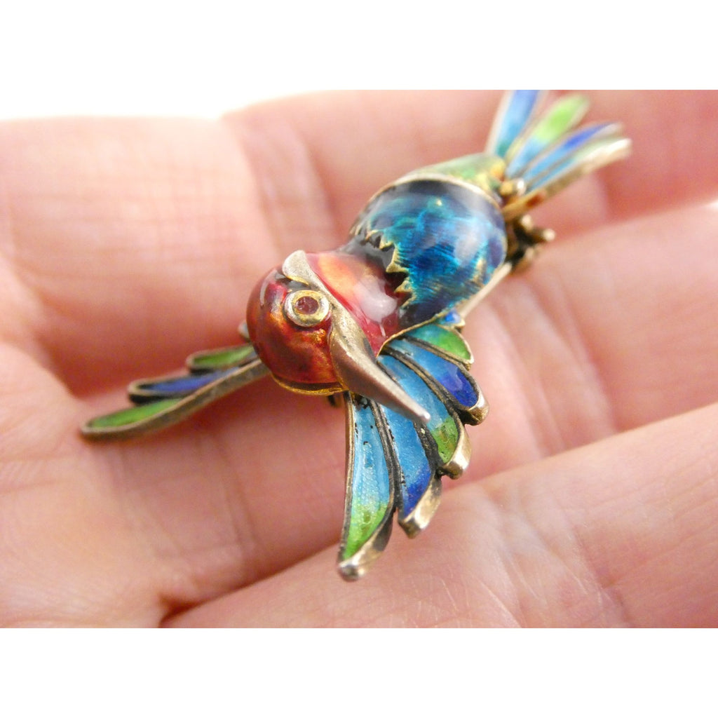 Italian Alioto Adriana Gilt 800 Silver Enameled Hummingbird Pin Brooch 5g 45mm