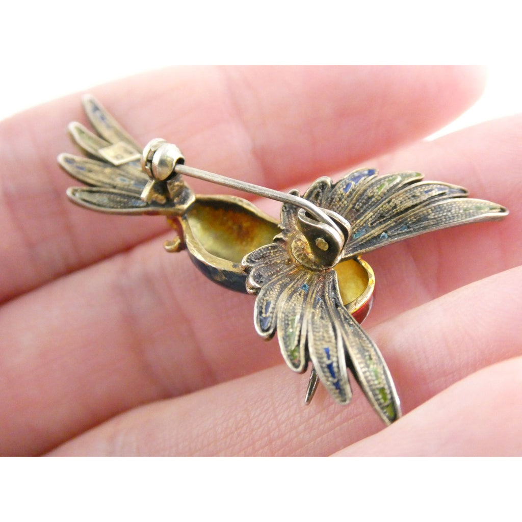 Italian Alioto Adriana Gilt 800 Silver Enameled Hummingbird Pin Brooch 5g 45mm
