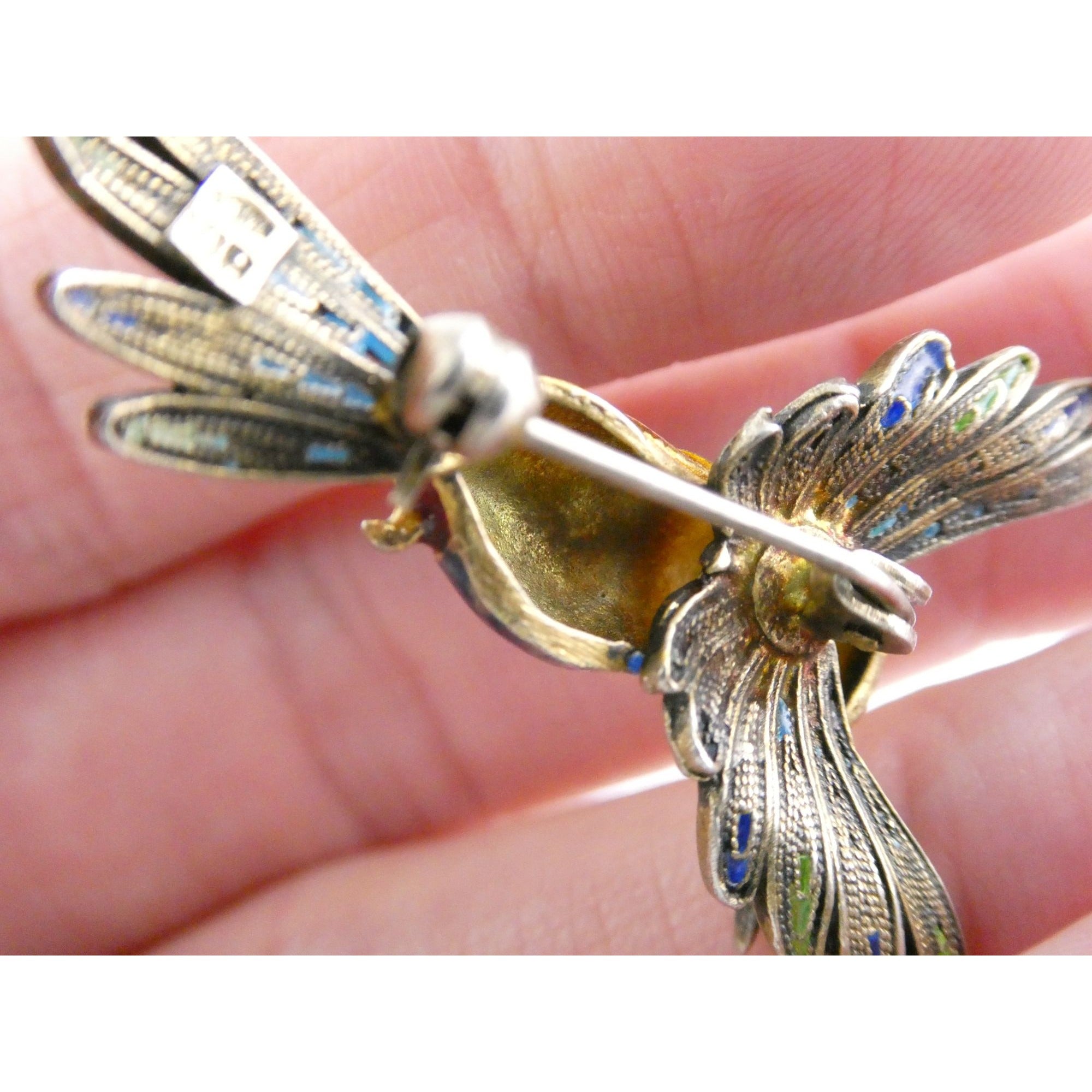 Italian Alioto Adriana Gilt 800 Silver Enameled Hummingbird Pin Brooch 5g 45mm