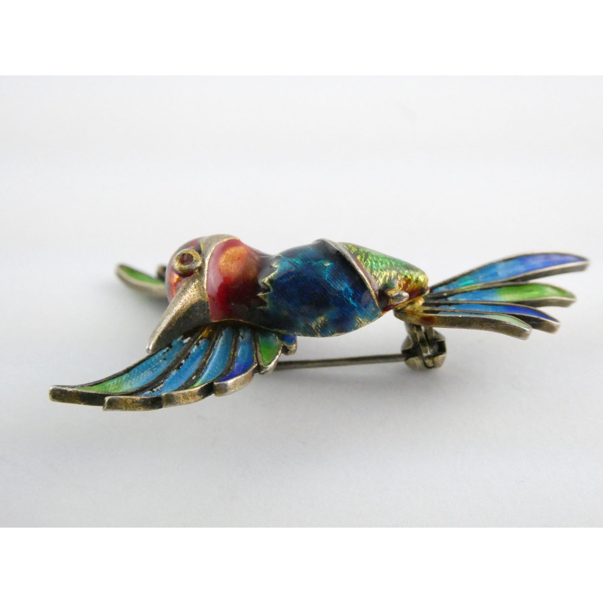 Italian Alioto Adriana Gilt 800 Silver Enameled Hummingbird Pin Brooch 5g 45mm