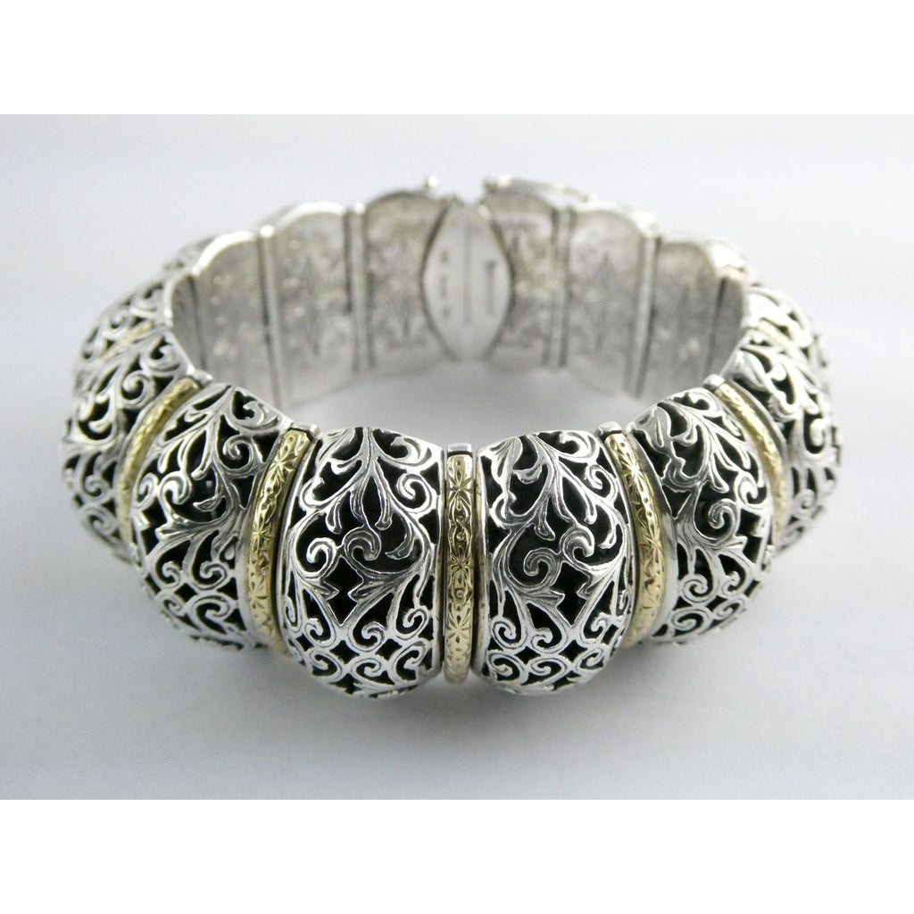 Konstantino Sterling Silver 18K Yellow Gold Ornate Bangle Bracelet 6.25 In 108g