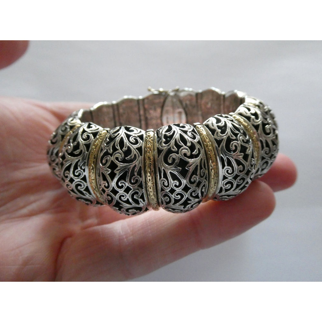 Konstantino Sterling Silver 18K Yellow Gold Ornate Bangle Bracelet 6.25 In 108g
