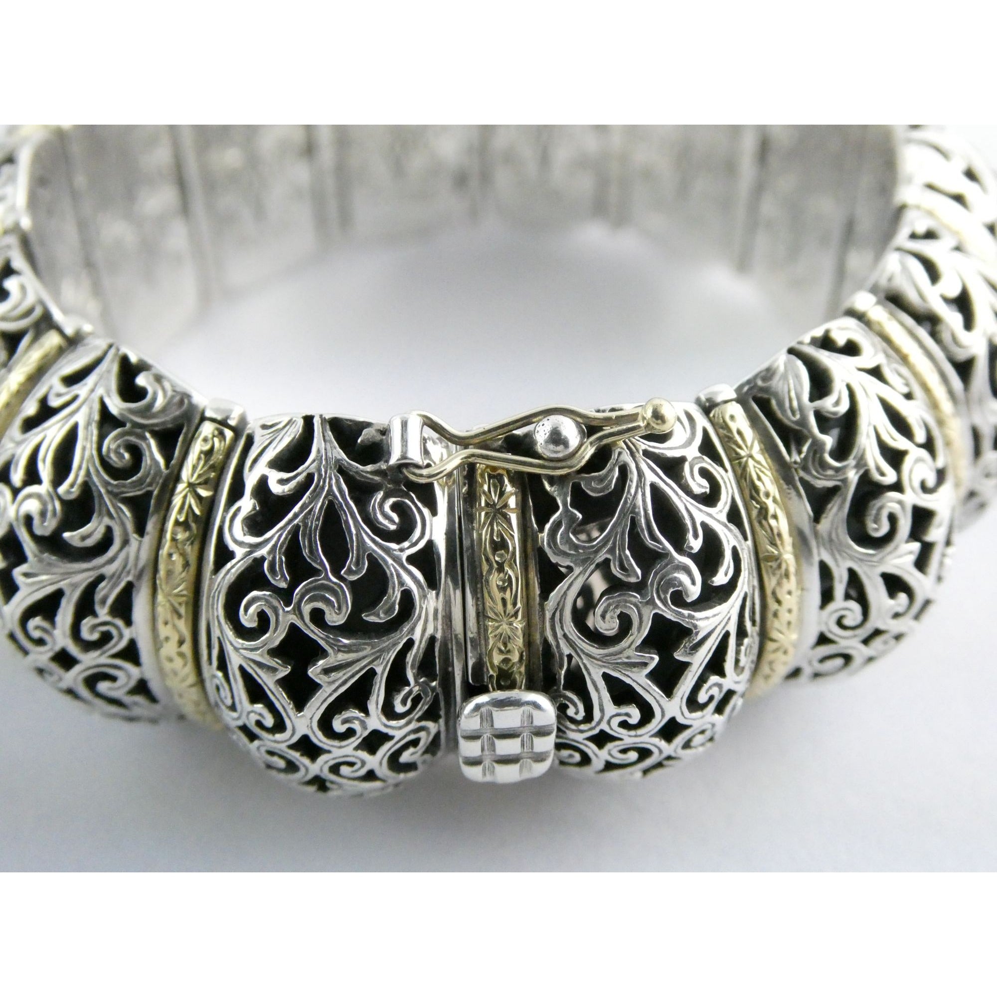 Konstantino Sterling Silver 18K Yellow Gold Ornate Bangle Bracelet 6.25 In 108g