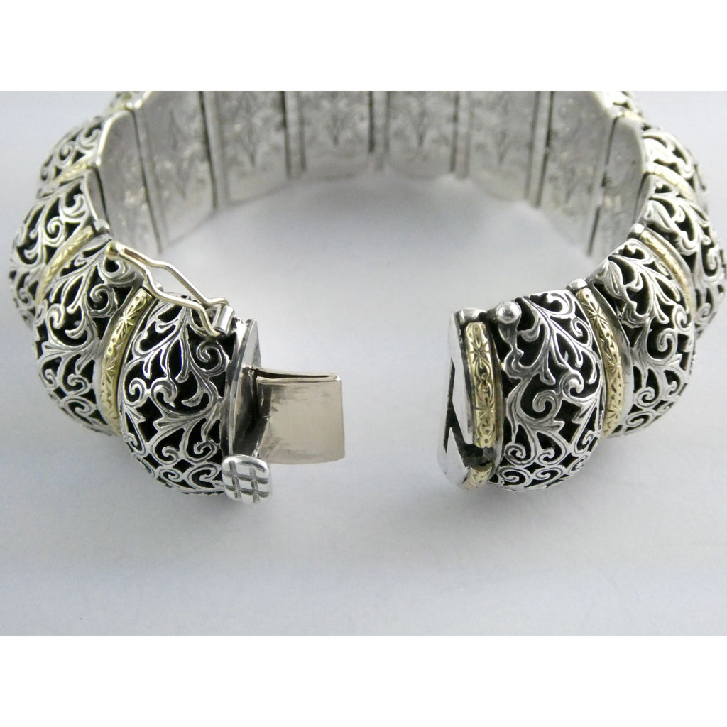 Konstantino Sterling Silver 18K Yellow Gold Ornate Bangle Bracelet 6.25 In 108g