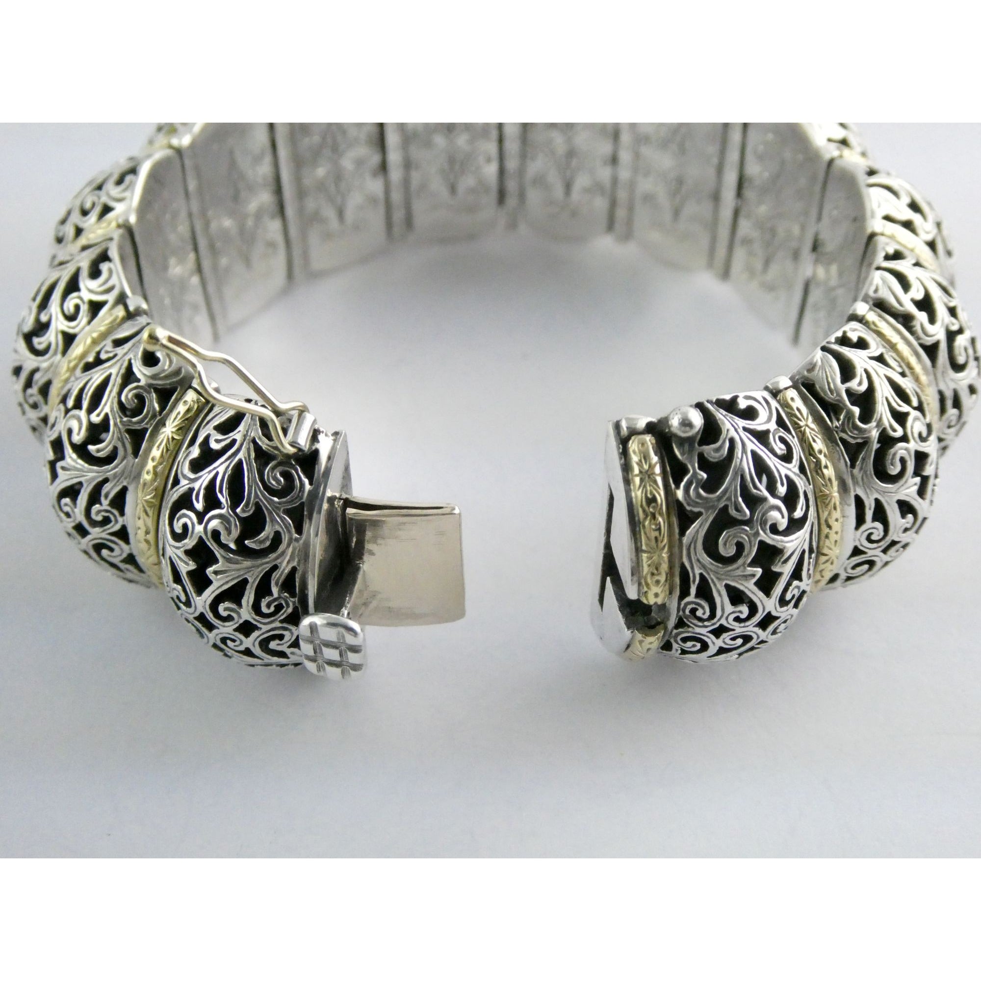 Konstantino Sterling Silver 18K Yellow Gold Ornate Bangle Bracelet 6.25 In 108g