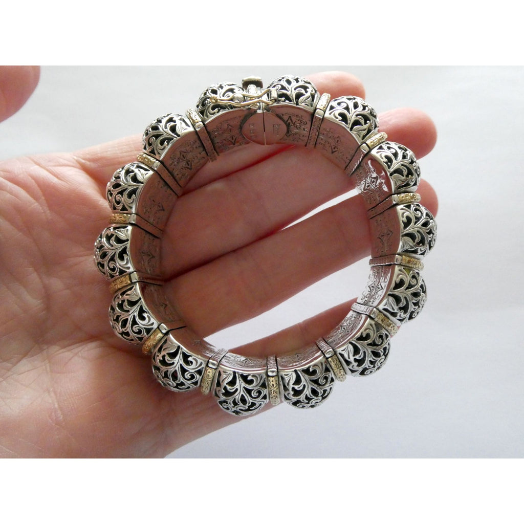 Konstantino Sterling Silver 18K Yellow Gold Ornate Bangle Bracelet 6.25 In 108g