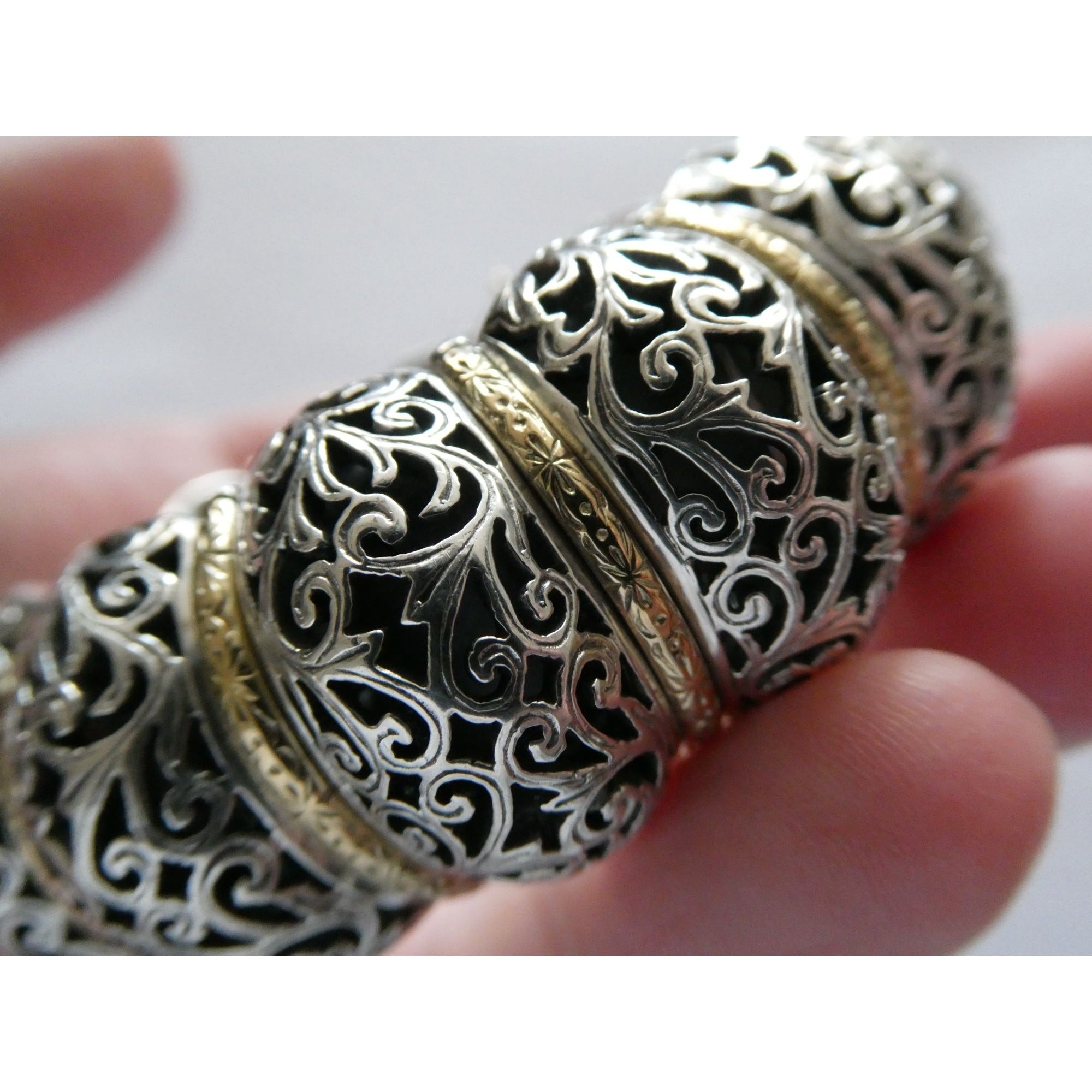 Konstantino Sterling Silver 18K Yellow Gold Ornate Bangle Bracelet 6.25 In 108g