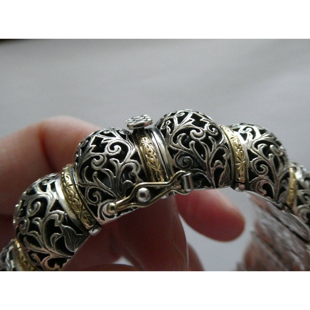 Konstantino Sterling Silver 18K Yellow Gold Ornate Bangle Bracelet 6.25 In 108g