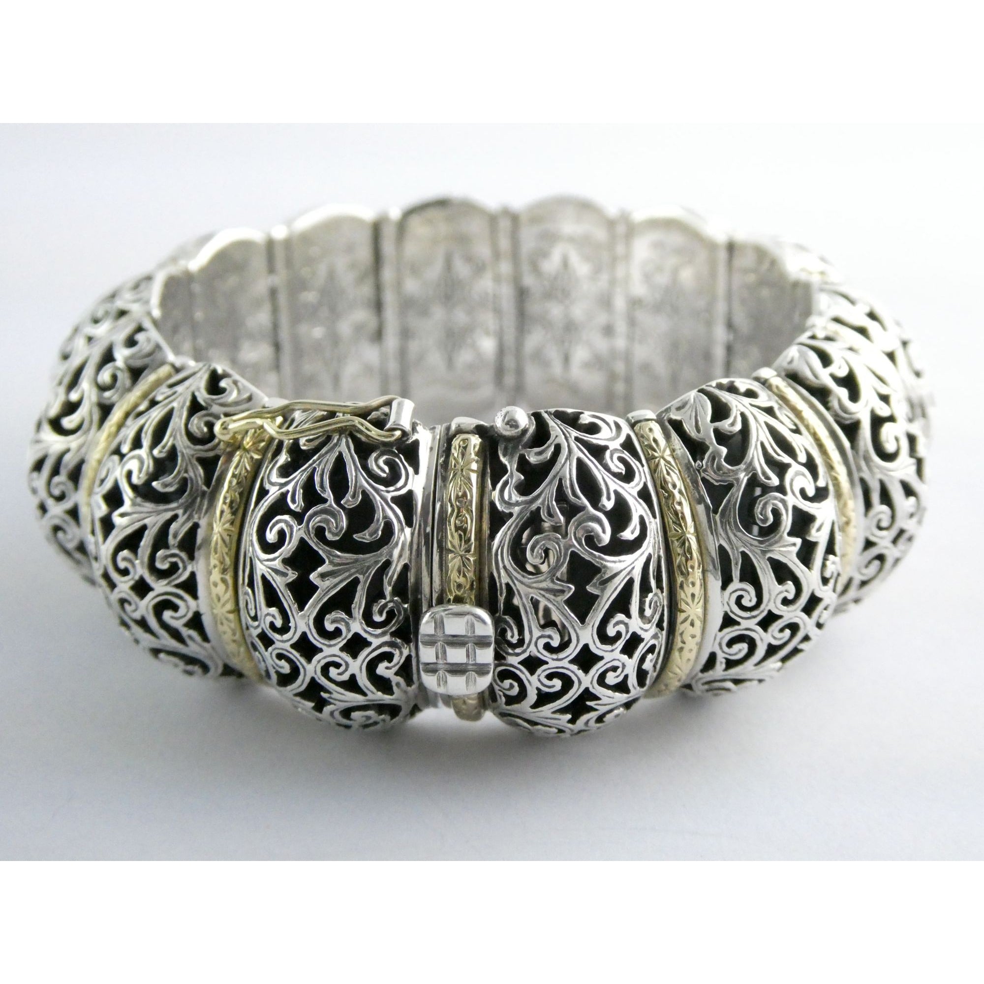 Konstantino Sterling Silver 18K Yellow Gold Ornate Bangle Bracelet 6.25 In 108g