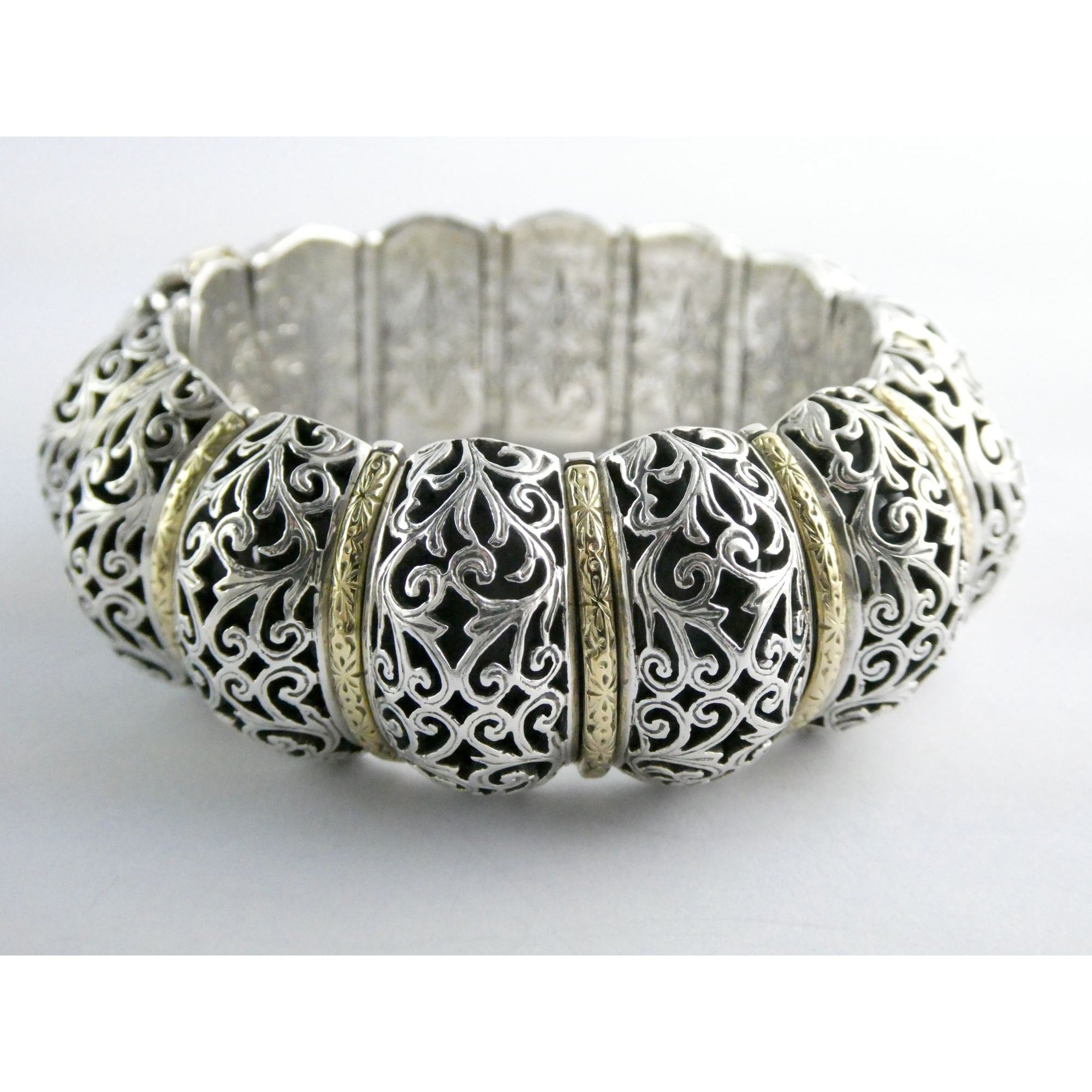 Konstantino Sterling Silver 18K Yellow Gold Ornate Bangle Bracelet 6.25 In 108g