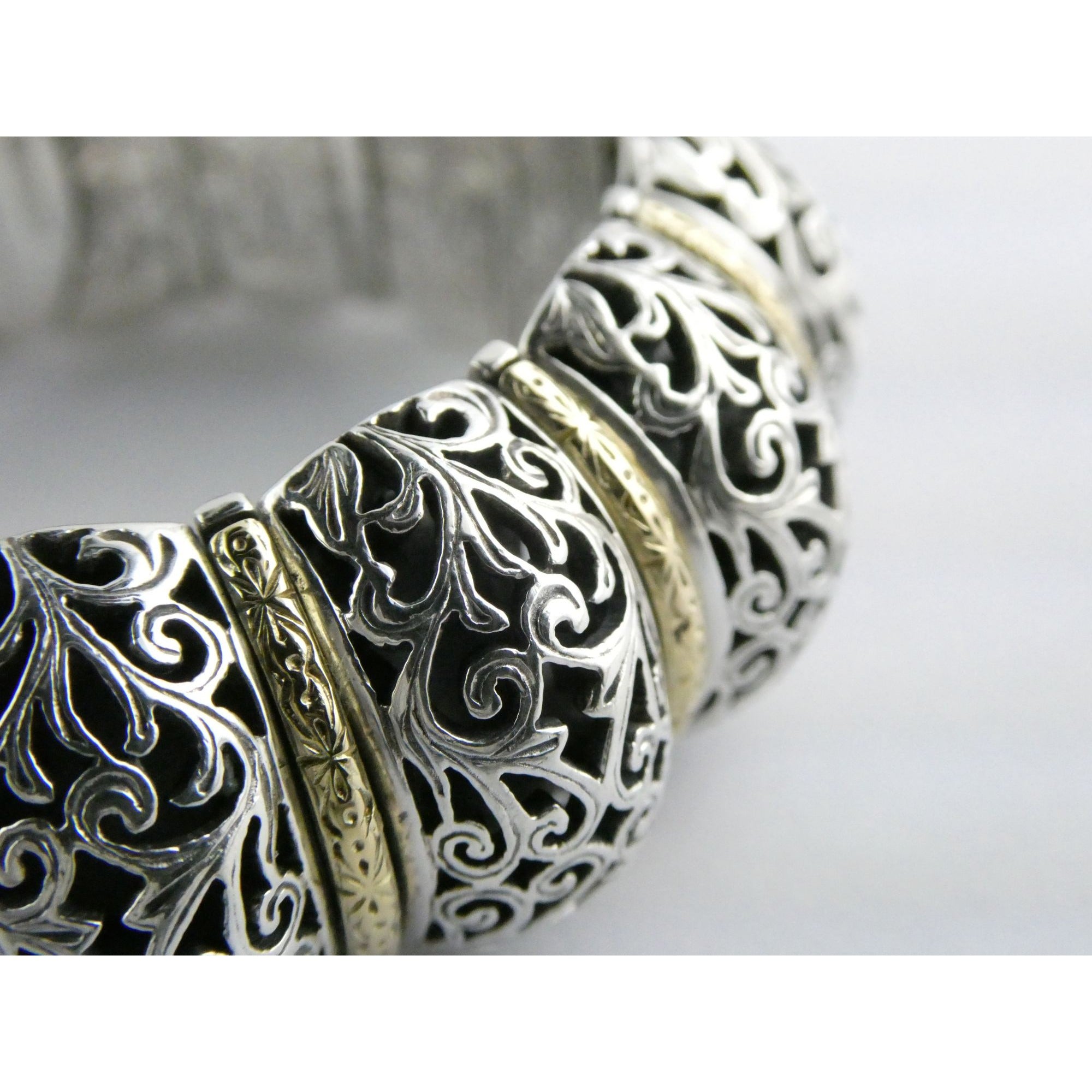 Konstantino Sterling Silver 18K Yellow Gold Ornate Bangle Bracelet 6.25 In 108g