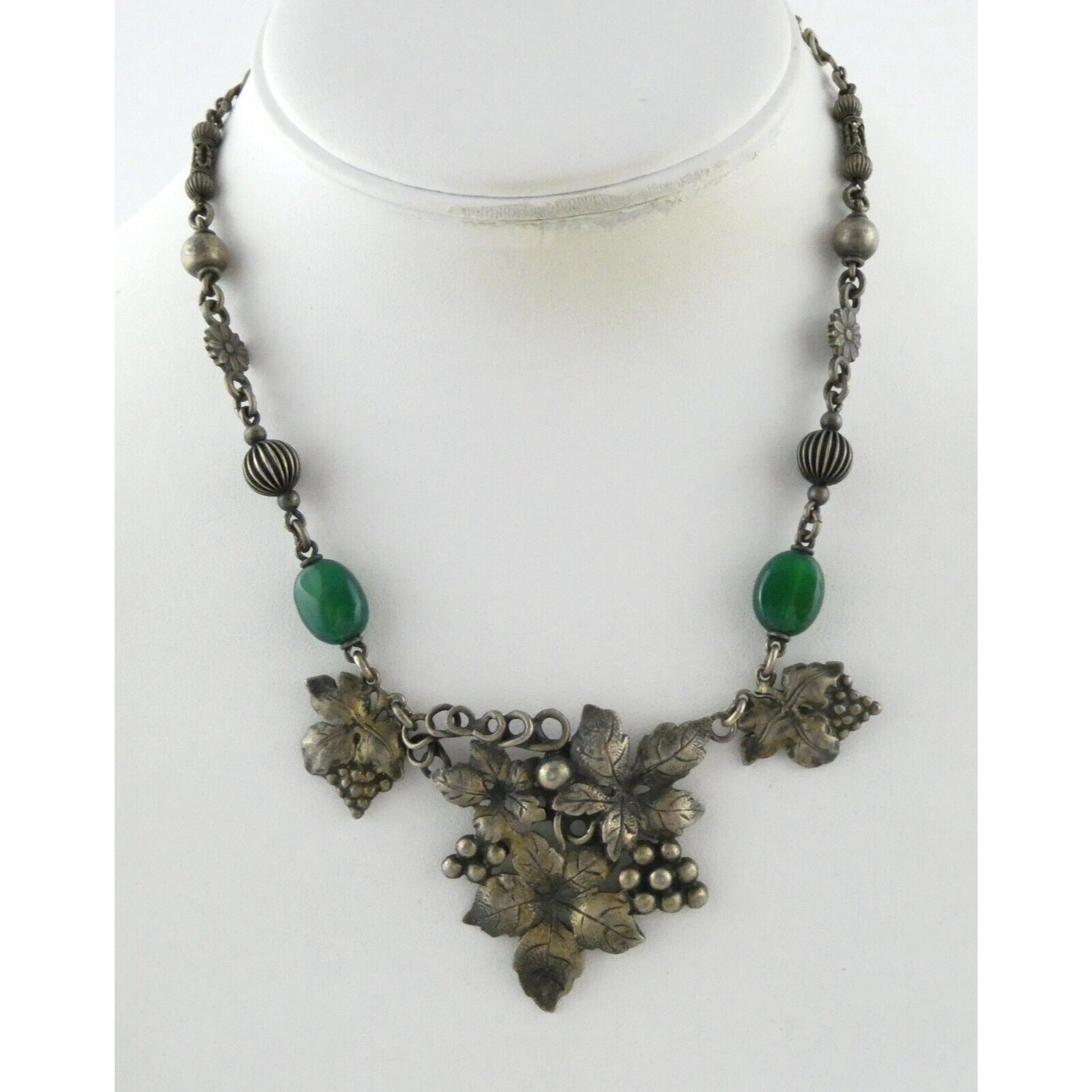 Vintage Peruzzi Boston Sterling Silver Green Onyx Grape Vine Necklace 925 16 In