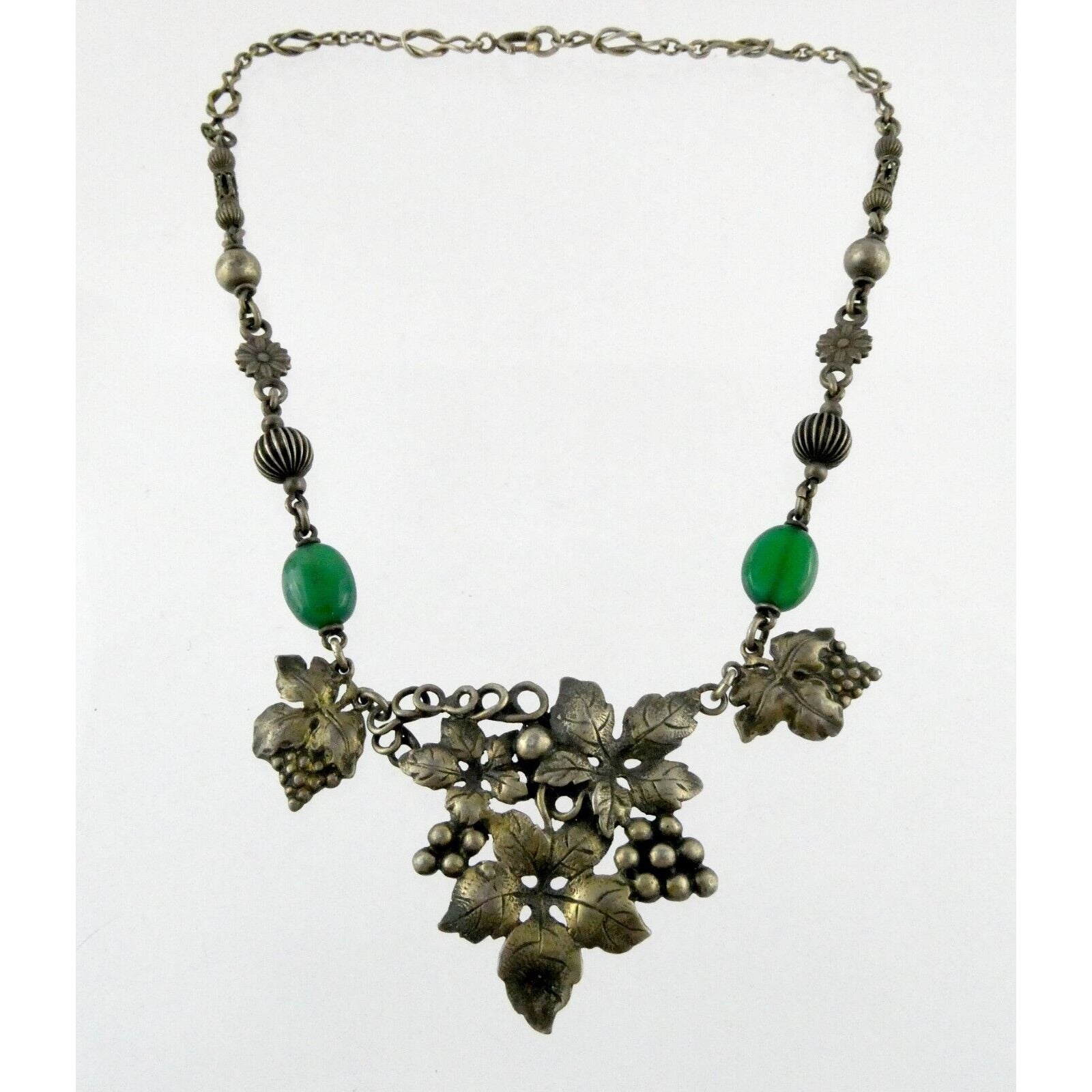 Vintage Peruzzi Boston Sterling Silver Green Onyx Grape Vine Necklace 925 16 In
