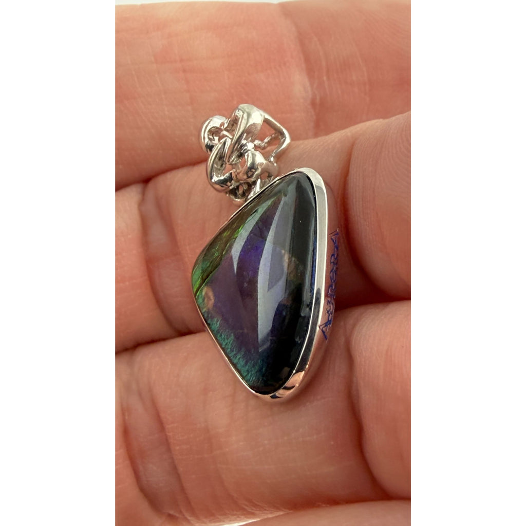 Aurora Brand Sterling Silver Ammolite Freeform Cab Pendant 3.2g 1 Inch Length