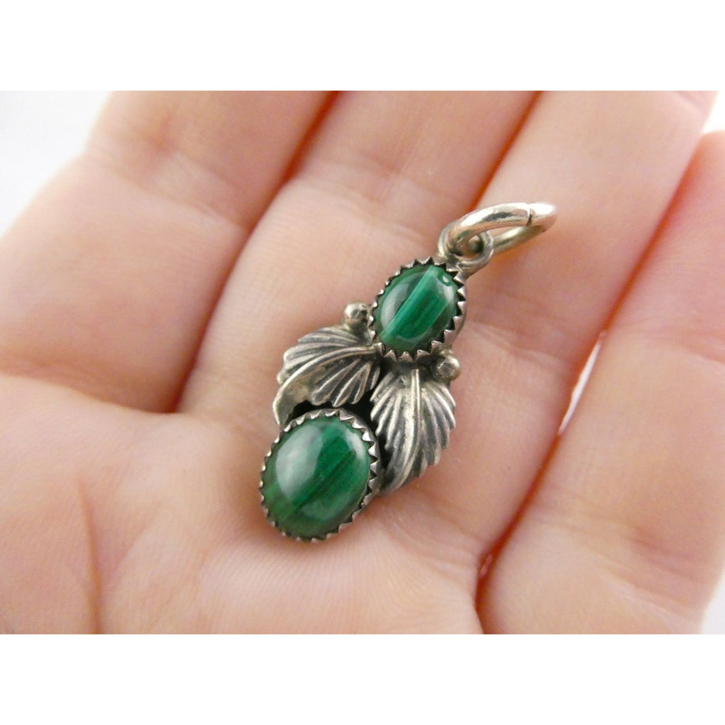NA Signed SJ Sterling Silver Malachite Cabochons Pendant 3.7g 13mm Length