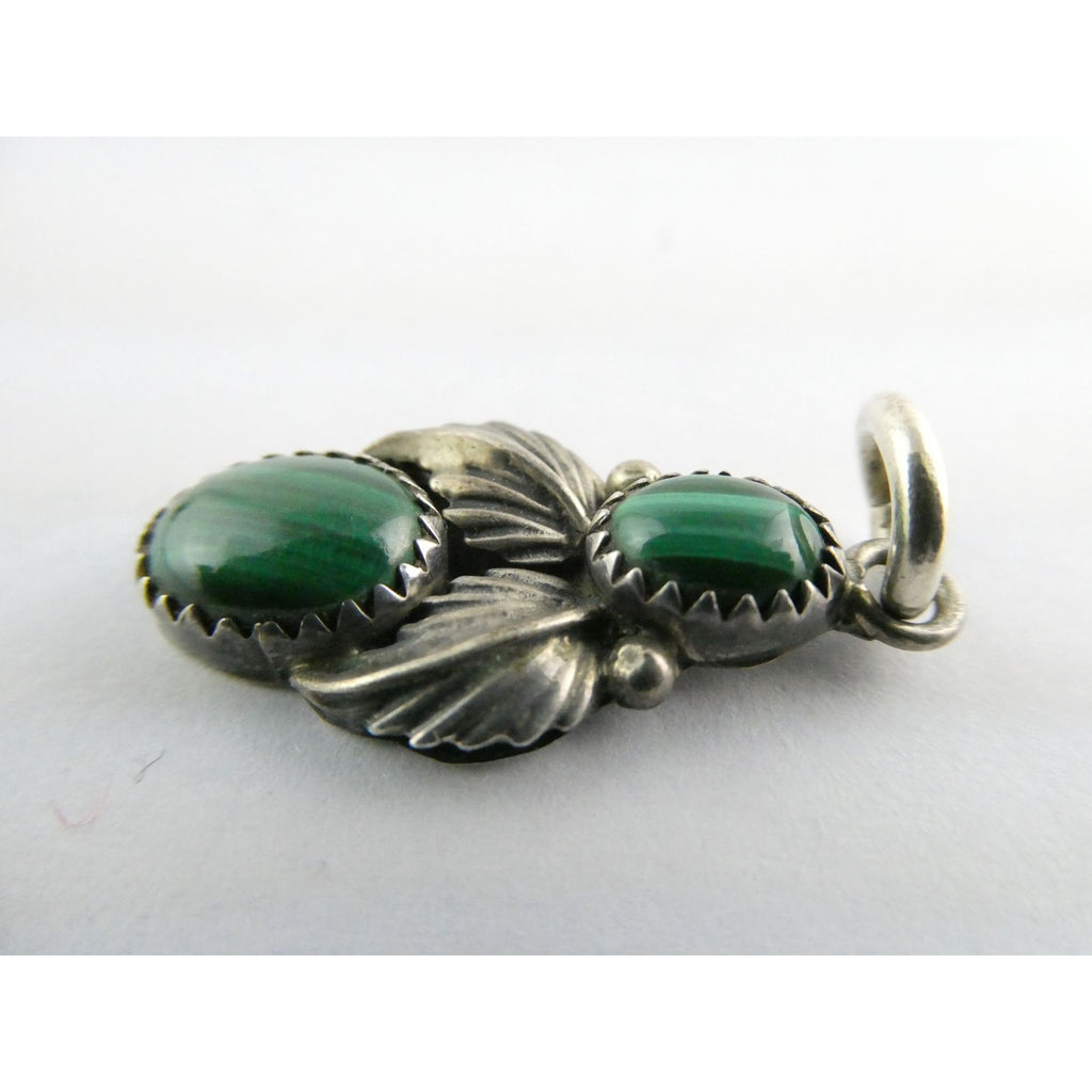 NA Signed SJ Sterling Silver Malachite Cabochons Pendant 3.7g 13mm Length