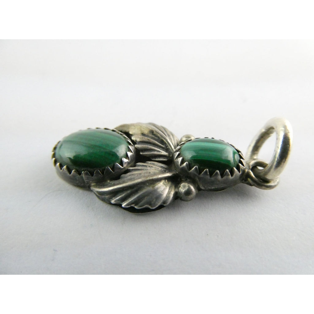 NA Signed SJ Sterling Silver Malachite Cabochons Pendant 3.7g 13mm Length