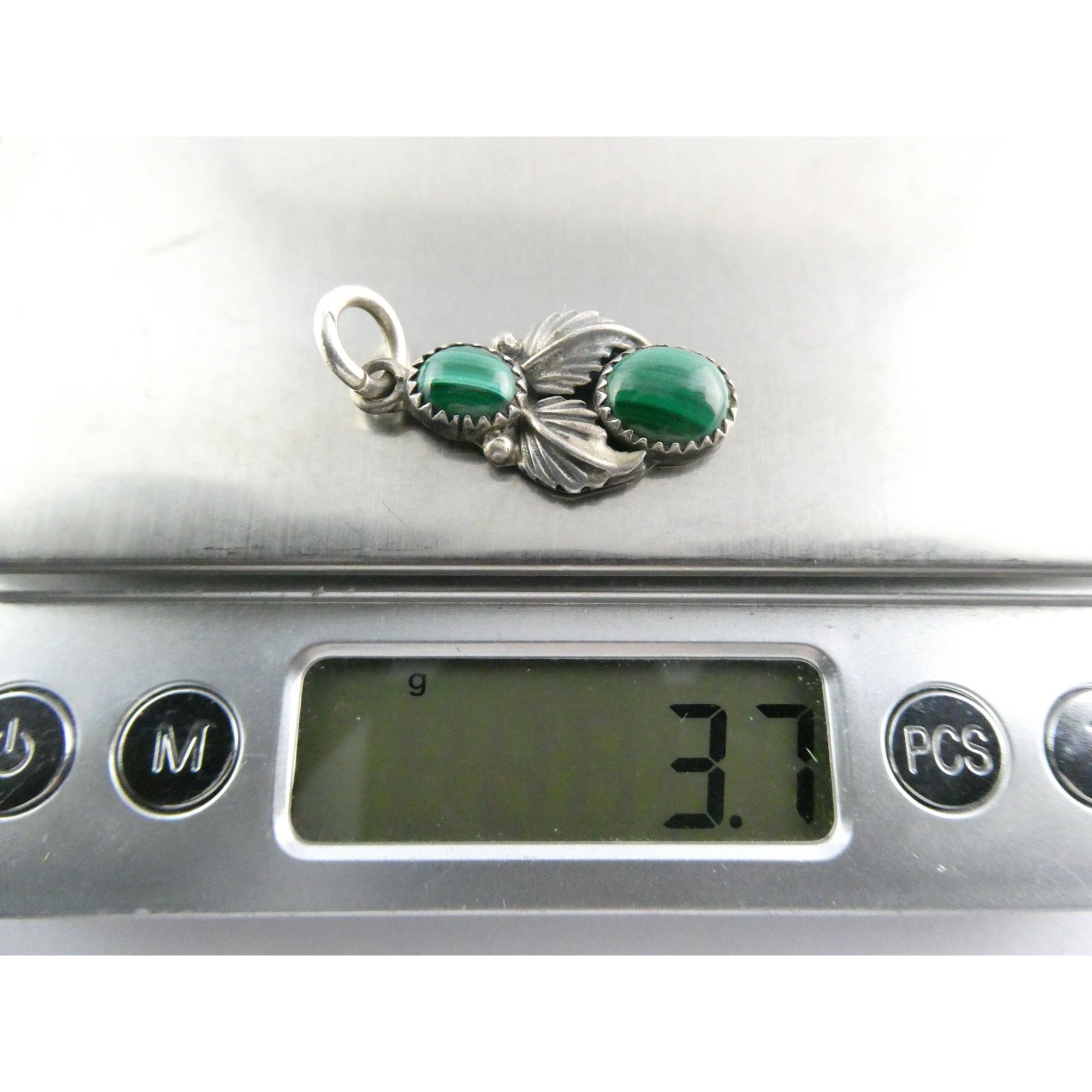 NA Signed SJ Sterling Silver Malachite Cabochons Pendant 3.7g 13mm Length
