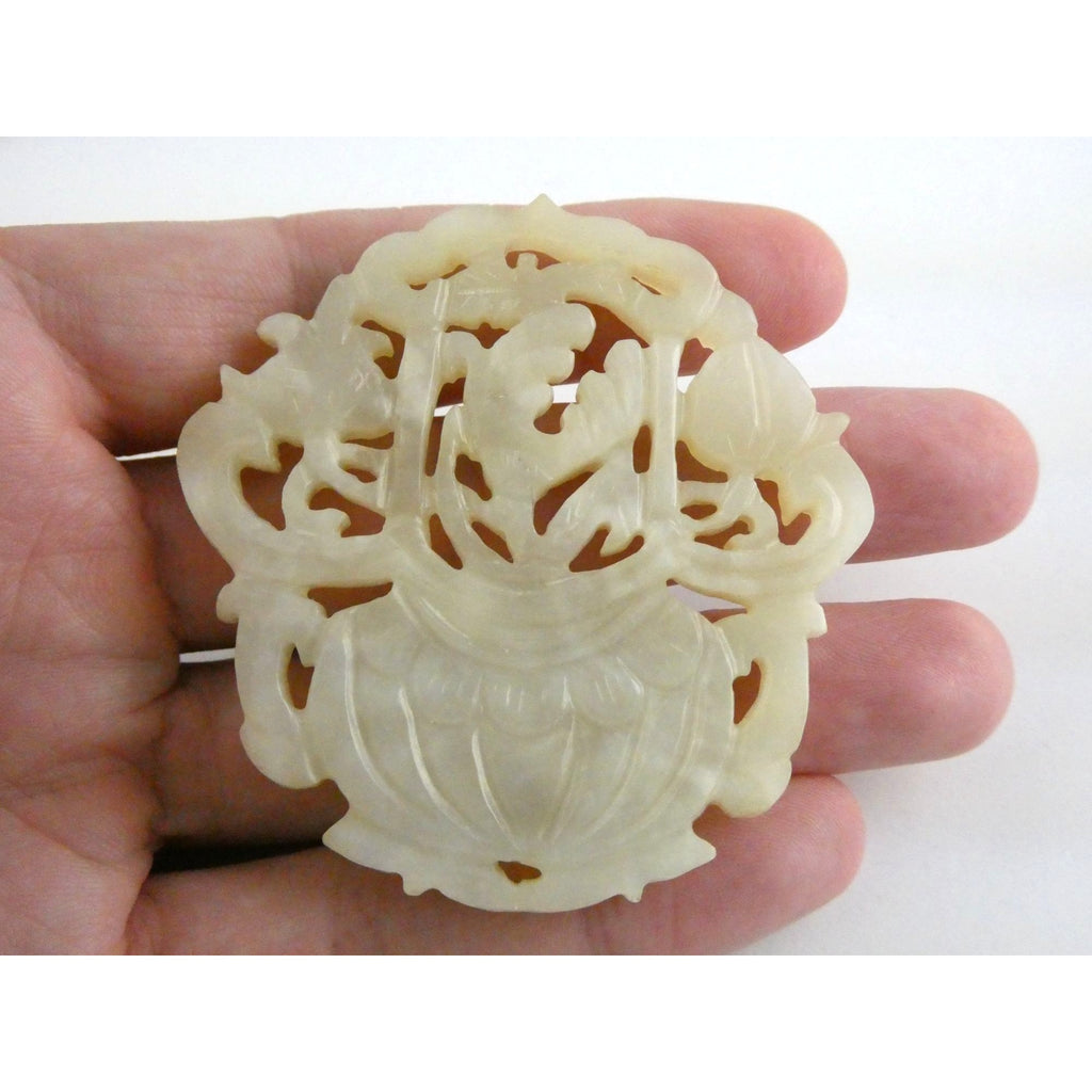 Vintage Carved Light Pale Green Jade Floral Vase Pendant Talisman 27.3g 2 3/8 In